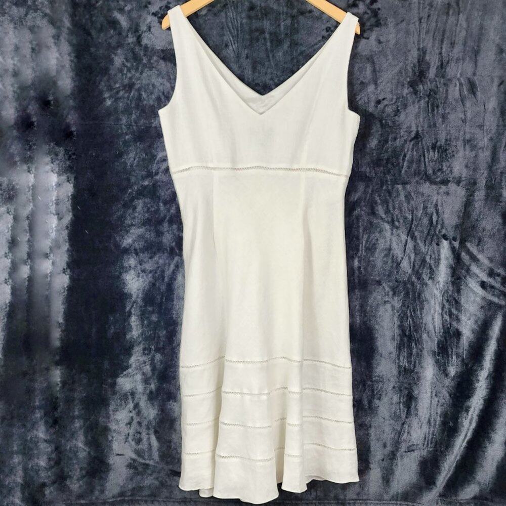 Ann Taylor White Fit & Flare Women 14 White Linen dress Sleeveless V-neck Lace - Picture 4 of 9